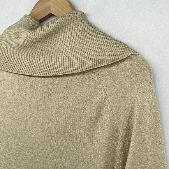 CARMEN Sweater L MARC VALCO Cowl Neck Metallic Pullover Rayon Blend Beige Gold - Picture 6 of 14